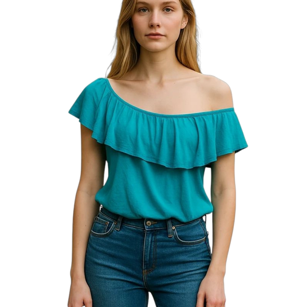 American Eagle Outfitters Teal Ruffled One-Shoulder Top